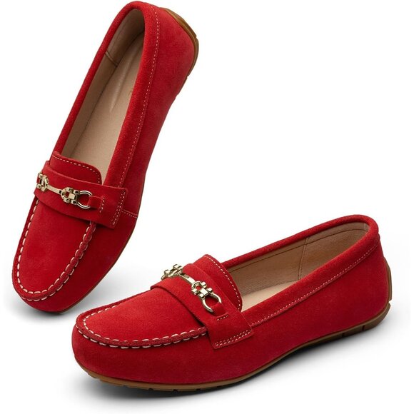 Kordal Women's Red Leather Gold Accent Buckle Slip-Ons Comfortable Loafers - Picture 9 of 9